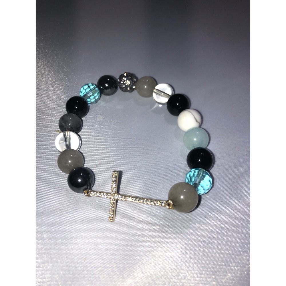 Beaded Stretch Bracelet with Pave Crystal Sideways Cross Gold Tone Religious